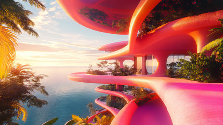 Elevated surreal terraces with vibrant multi-level architecture during sunset on a tropical coast. Concept of futuristic design, exotic landscapes.の写真素材