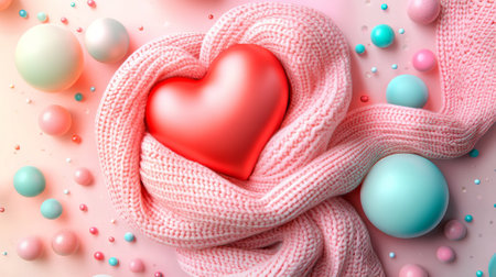 Cozy Heartfelt Decor with Pink Knit Scarf and Colorful Balls. Concept of Warmth, Comfort, and Love.の写真素材