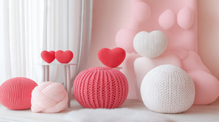 Cozy Knitted Hearts and Yarn in a Modern Pink and White Interior Scene. Concept of Home Decor, Soft Textures, Relaxing Spaces.の写真素材