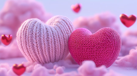 Charming Knitted and Crocheted Hearts Surrounded by Soft Clouds and Floating Red Hearts, Concept of Love, Craftsmanship, and Comfort.の写真素材