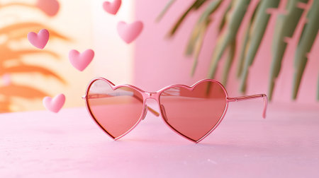 Stylish Heart-Shaped Pink Sunglasses on a Trendy Abstract Background. Concept of Fashion Accessories, Romantic Style.の写真素材