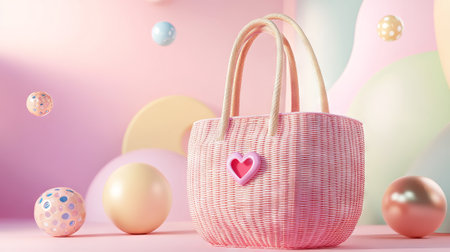 Pink Straw Tote Bag with Heart Accent Surrounded by Floating Spheres. Concept of summer fashion,...
