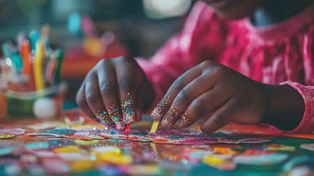 African American girl decorating cards with sparkling glitter. Concept of creative crafts, childhood imagination, handmade art activities.の写真素材
