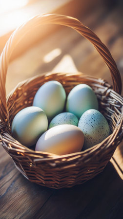 Close up of vibrant pastel Easter eggs resting in woven basket. Concept of spring celebration,...