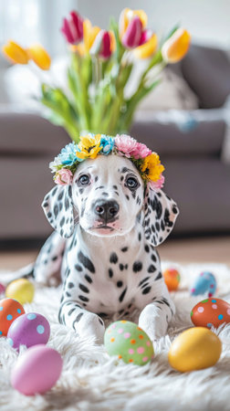Adorable Dalmatian Puppy Wearing a Pastel Flower Crown Surrounded by Colorful Easter Eggs. Concept of Springtime, Festive Pets, and Playful Celebration. Vertical.の写真素材