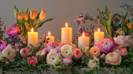Candlelit Easter Altar with Glowing Candles and Vibrant Flowers Concept of Spring Celebration, Spiritual Serenity, Floral Beauty.の写真素材