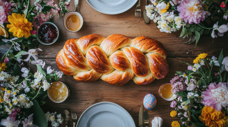 Traditional Braided Easter Bread on Festive Table with Colorful Flowers and Painted Egg Concept of Spring Celebrations, Festivity, Seasonal Traditions.の写真素材