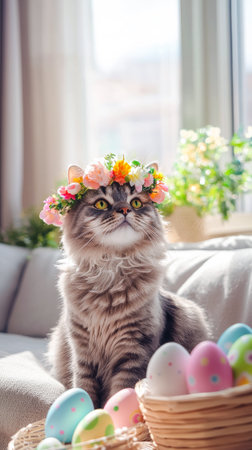 Fluffy Gray Cat Wearing Floral Easter Crown with Colorful Egg Basket. Concept of Spring Festivities, Cute Pets, and Seasonal Celebration. Vertical.の写真素材