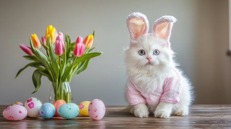 Fluffy White Persian Cat in Bunny Costume with Colorful Easter Eggs and Tulips Concept of Festive...