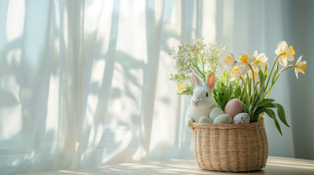 Fluffy White Rabbit in a Wicker Basket with Flowers and Easter Eggs. Concept of Springtime, Easter Decorations, Cute Pets. Copy space.の写真素材