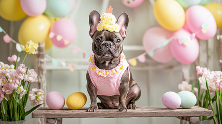 Adorable French Bulldog Dressed as a Chick with Easter Eggs and Pastel Balloons. Concept of Cute Pets, Festive Costumes, Spring Celebrations.の写真素材