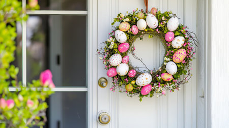 Festive Easter Wreath with Colorful Eggs and Flowers on Front Door. Concept of Holiday Decor, Spring Celebration, Festivity.の写真素材