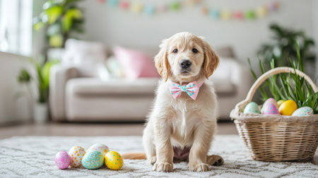 Adorable Golden Retriever Puppy with Pastel Bow Tie and Easter Eggs in Cozy Living Room Concept of Festive Pet, Easter Celebration, Cuteness Overload.の写真素材