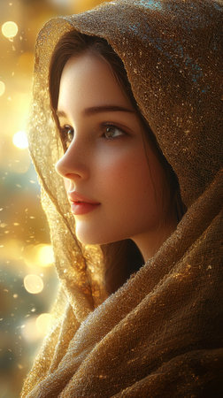 Close-up of Mary's radiant face wrapped in a shimmering golden veil, illuminated by a soft, ethereal glow. Concept of divine beauty, holiness, faith, and spiritual purity. Vertical.の写真素材