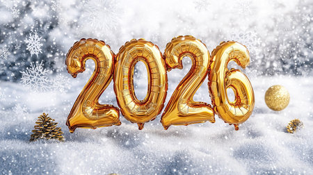 Festive Golden Balloons of 2026 in Winter Snow with Snowflakes and Pine Cones. Concept of New Year's...
