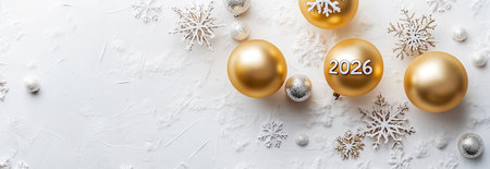 Golden Balloons with Snowflake Decorations on Crunchy White Snow. Concept of New Year Celebration,...