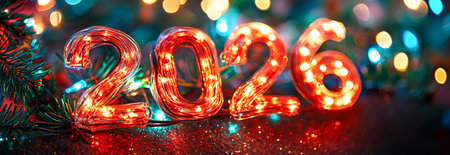 Festive New Year 2026 in Glowing Lights with Christmas Decorations. Concept of Holiday Celebration,...