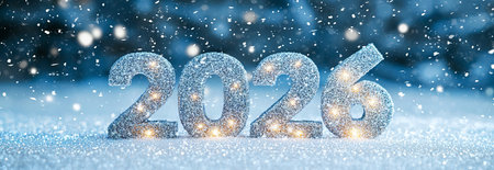Icy Sparkling 2026 Text with Falling Snowflakes in Winter Wonderland Scene, Concept of Festive...