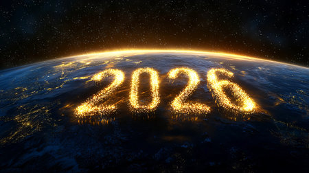 Cosmic View of New Year 2026 with Illuminated Figures Above Earth. Concept of Celestial Celebration, Futuristic Countdown, Global Unity, Space Adventure.の写真素材