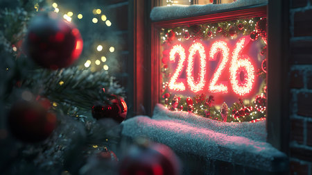 Cozy Holiday Setting with Glowing 2026 Sign and Festive Decor in a Snow-Covered Window Scene....