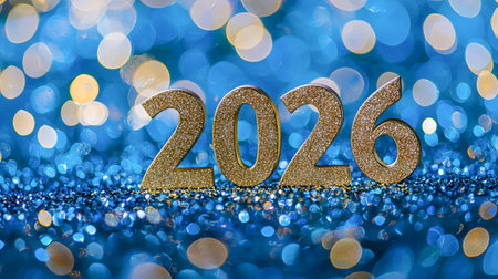 Glittering Gold 2026 Numbers on Sparkling Blue Background. Concept of New Year Celebration, Festive...