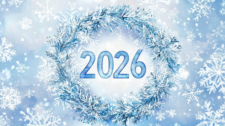 A Luminous Watercolor Wreath of 2026 with Snowflakes. Concept of Holiday Magic, Winter Celebration,...