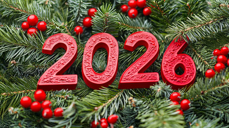 Bold Red 2026 Numbers Amid Evergreen Branches and Berries. Concept of Christmas Festivities, New...