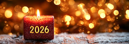 Glittering Red and Gold Christmas Candle with 2026 Numerals Illuminated in Festive Glow. Concept of Holiday Warmth, Celebration, Festive Ambiance, Winter Cheer. Banner. Copy space.の写真素材