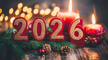 Bold Red and Gold 2026 with Illuminated Candles and Pine Cones. Festive Holiday Atmosphere with Glittering Decorations. Concept of New Year Celebration, Festivity, Vibrant Warm Colors, Christmas.の写真素材