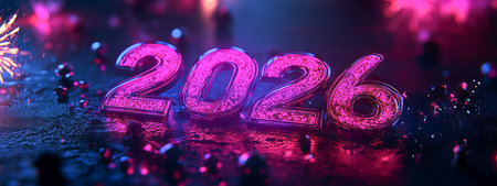 Vibrant and Festive Christmas 2026 Celebration with Colorful Numbers and Fireworks. Concept of New...