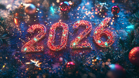 Bright and colorful 2026 numbers with festive holiday decorations. Glittering numbers surrounded by...