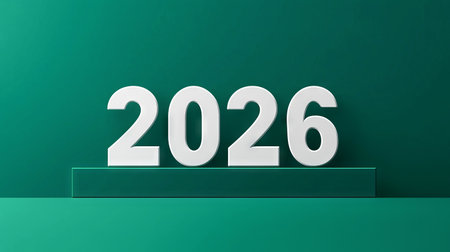 Bold white numbers representing year 2026 on clean modern green background. Concept of futuristic...