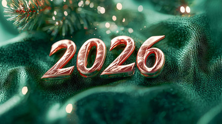 Christmas metallic 2026 in blend of festive elements glimmering on textured fabric creating Christmas anticipation and holiday spirit. Concept of New Year celebration, festive atmosphere.の写真素材