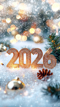 Elegant gold 2026 numbers among festive Christmas lights and snow. Concept of New Year celebration, winter festivities, holiday spirit, and seasonal decoration. Copy space. Vertical shot.の写真素材