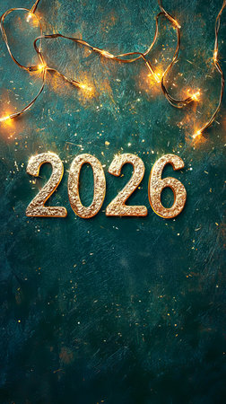 Elegant Christmas 2026 theme with gold foil numbers on deep green backdrop and warm fairy lights....
