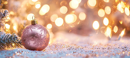 Elegant Christmas ornament in metallic rose gold with festive bokeh lights. Concept of holiday decoration, festive ambiance, winter celebration, sparkling joy, Christmas spirit. Banner. Copy space.の写真素材