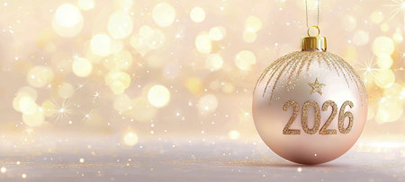 Elegant Christmas 2026 with Pearl Gold Ornament and Sparkling Lights. Concept of Festive Decor,...