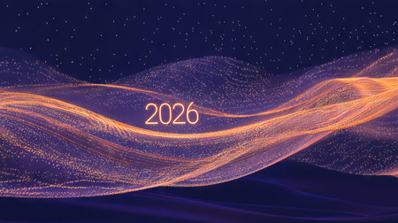 Elegant Christmas 2026 in Shimmering Gold with Starry Night Sky Background. Concept of New Year...