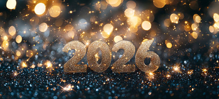 Elegant Christmas 2026 in Shimmering Gold with Glowing Lights. Concept of Festive New Year...