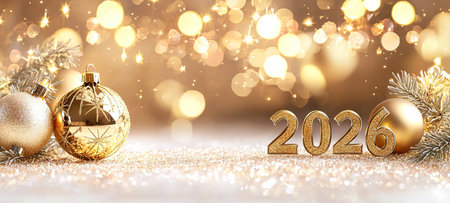 Elegant Christmas 2026 with shimmering gold ornaments and sparkling lights. Concept of festive...