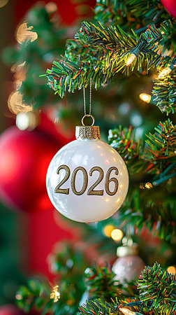 Elegant Christmas ornament with 2026 in white pearl finish hanging on festive tree. Concept of...