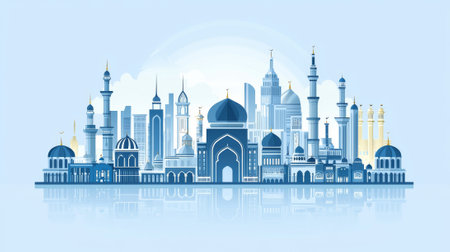 Bustling Ramadan metropolitan skyline with iconic architecture in bright blue tones. Concept of cultural cityscape, architectural diversity, urban development, Ramadan celebration Art.の写真素材
