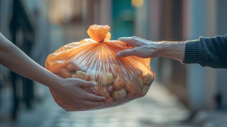 Close up of hands passing orange bag of groceries. Concept of Ramadan generosity, community support, sharing, cultural traditions, food distribution.の写真素材