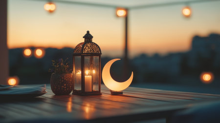 Ramadan crescent moon and lantern decorations creating cozy atmosphere at sunset. Concept of...