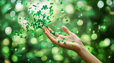 Hand catching green clover confetti in nature. Concept of St. Patrick's Day celebration, eco-friendly events, festive atmosphere, outdoor enjoyment. Copy space.の写真素材