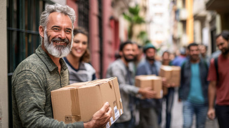 Diverse group of volunteers distributing aid packages in vibrant neighborhood. Smiling middle-aged Caucasian man leading community help effort. Concept of charity, teamwork, social impact, kindness.の写真素材