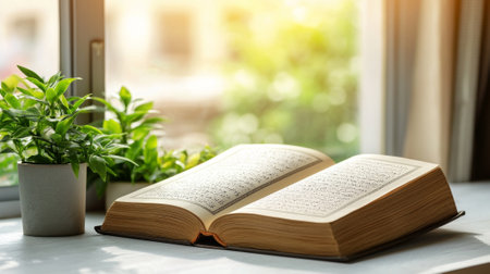 Open Quran on modern white desk near sunny window with vibrant green plants. Concept of...