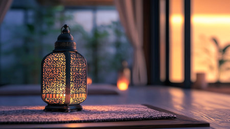 Elegant Ramadan Lantern Decor in Modern Home with Warm Glow and Minimalist Style. Concept of Islamic Traditions, Home Decor, Cultural Celebrations, Tranquil Ambiance. Copy space.の写真素材