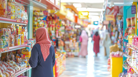 Muslim woman shopping during Ramadan in vibrant market. Concept of cultural traditions, festive...