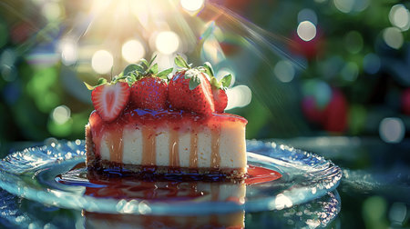 Delicious Cheesecake Slice Topped with Fresh Strawberries and Glaze in Sunlit Garden Setting. Concept of Sweet Dessert, Summer Treats, Fresh Ingredients, and Outdoor Dining.. Valentine's Day.の写真素材